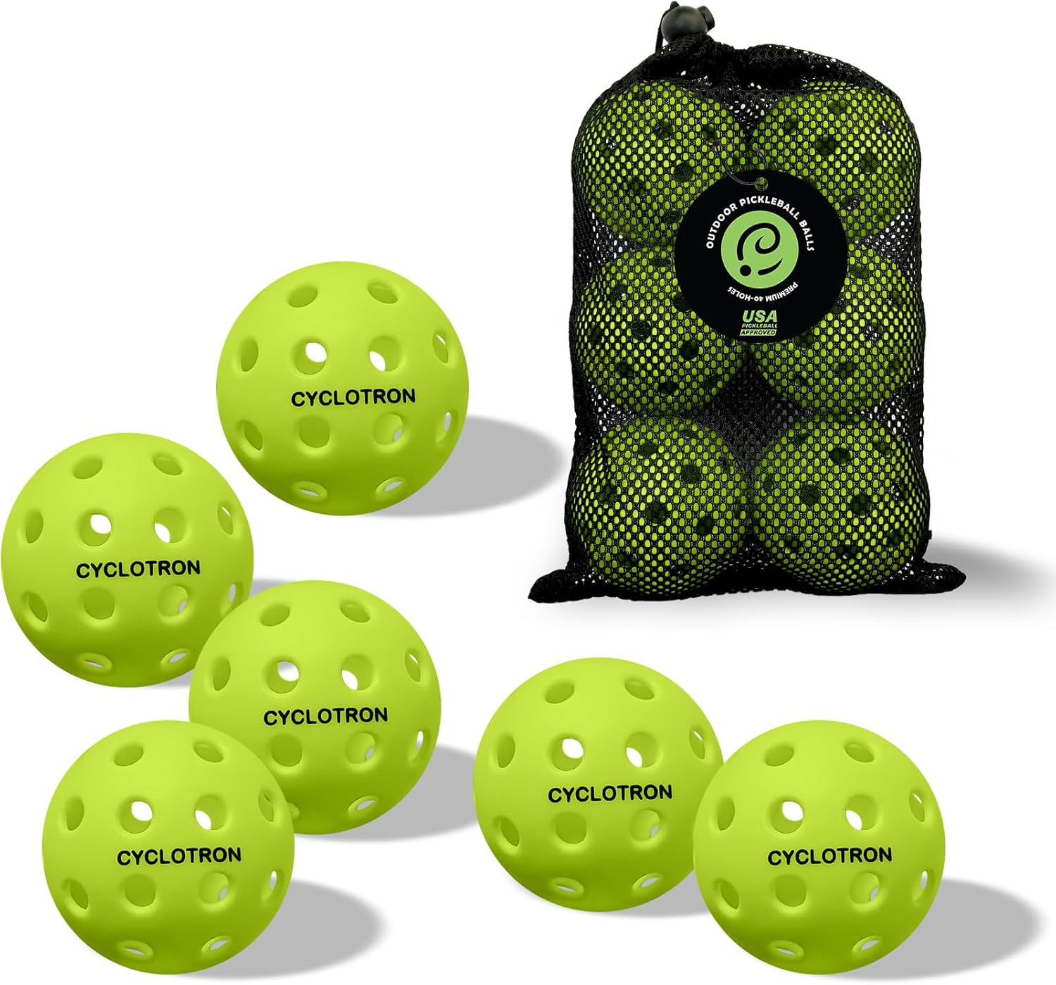 Cyclotron Premium Pickleball Balls 6-Pack with Bag